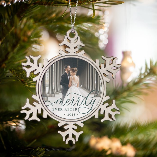 Merrily Ever After | Wedding Photo Snowflake Pewter Christmas Ornament (Creator Uploaded)
