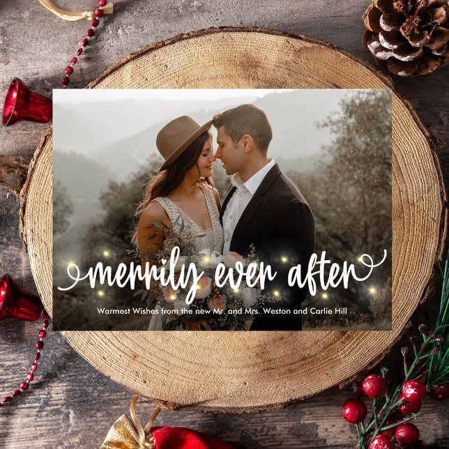 Merrily Lit Just Married Holiday Photo Card (Creator Uploaded)