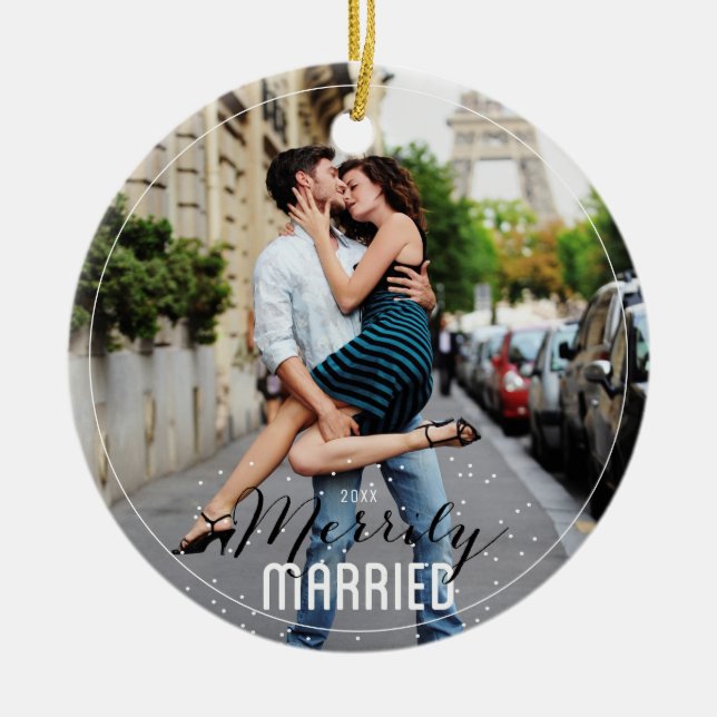 Merrily Married Mr. & Mrs. First Married Christmas Ceramic Ornament (Front)