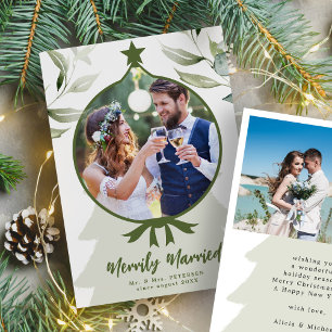 Merrily Married newlywed photo greenery Christmas Holiday Card