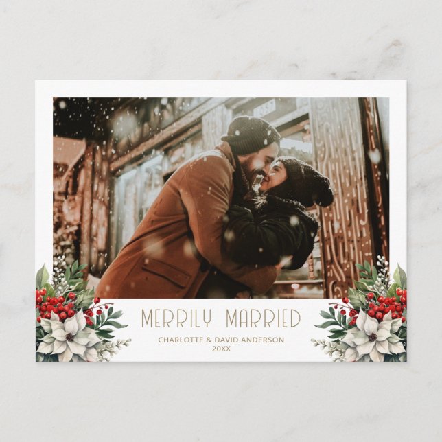 Merrily Married Newlywed Photo Holiday Postcard (Front)