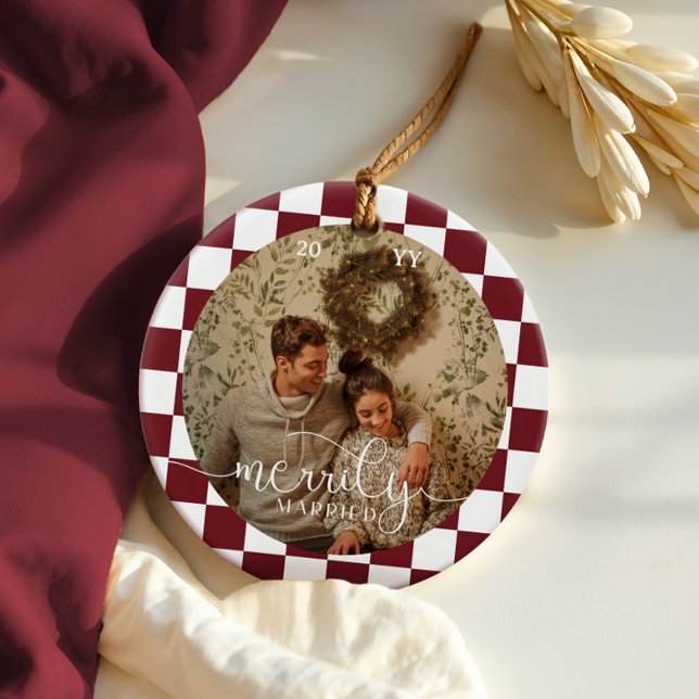 Merrily Married Retro Chequerboard Newlywed Photo Ceramic Ornament (Merrily Married Retro Checkerboard Newlywed Photo Ceramic Ornament)