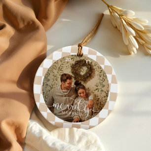 Merrily Married Retro Chequerboard Newlywed Photo Ceramic Ornament