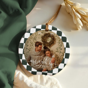 Merrily Married Retro Chequerboard Newlywed Photo Ceramic Ornament