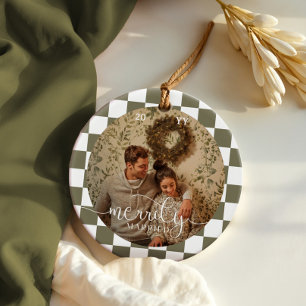 Merrily Married Retro Chequerboard Newlywed Photo Ceramic Ornament