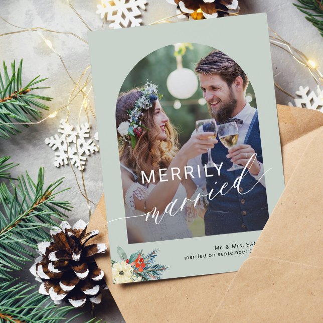 Merrily married simple minimalist 2 photos wedding holiday card (Creator Uploaded)
