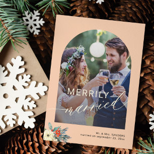 Merrily married simple minimalist 2 photos wedding holiday card