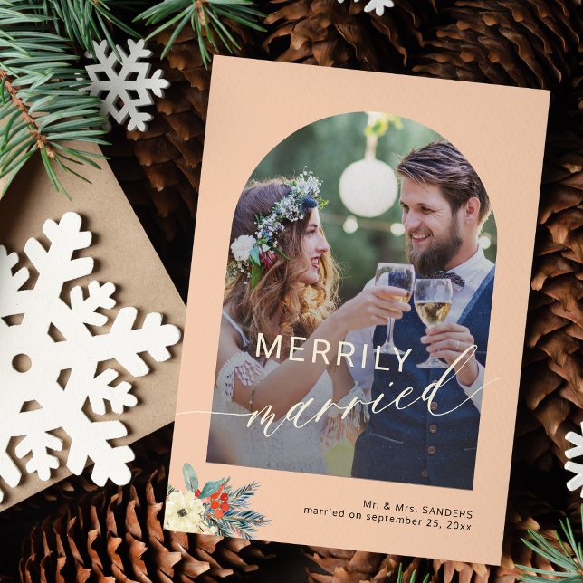 Merrily married simple minimalist 2 photos wedding holiday card (Creator Uploaded)