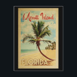 Merritt Island Palm Tree Vintage Travel Postcard<br><div class="desc">A uniquely retro mid-century modern Merritt Island Florida art print in vintage travel poster style. It features a curved palm tree on sandy beach with ocean under a blue cloudy sky.</div>