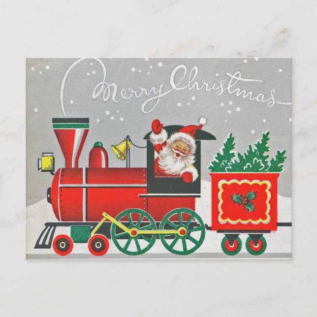Merrry Christmas Vintage Train Red Xmas Holiday Postcard (Front)