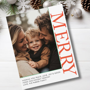 MERRY! 1 Photo, White, Orange, Green, Classic Holiday Card