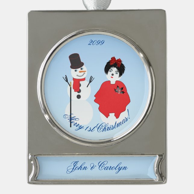 Merry 1st Christmas Couple Snowman Woman Silver Plated Banner Ornament (Front)