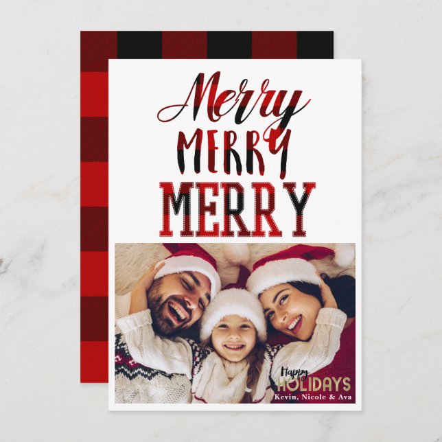 MERRY 3 Red Plaid Typography Holiday Photo Card (Front/Back)