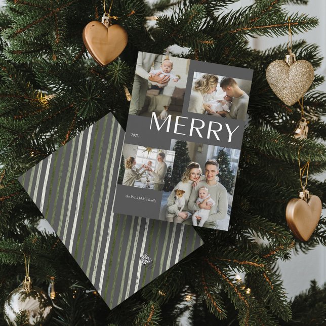 Merry 4 Photo Collage Modern Grey Christmas Holiday Card (Spread Cheer! Customize Your 'MERRY' Photo Holiday Card 📷🎄 [Upload Here])