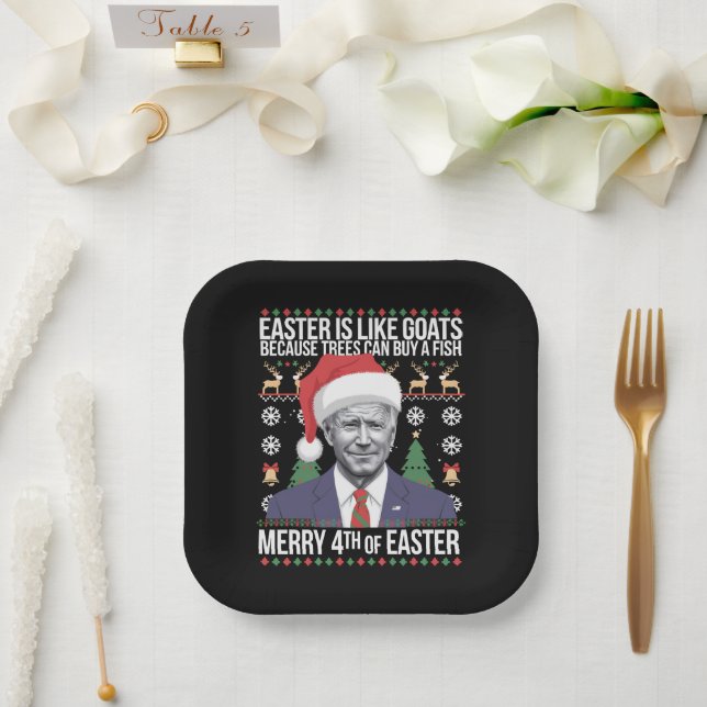 Merry 4th Of Easter Funny Biden Ugly Christmas  Paper Plate (Wedding)