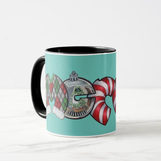 "Merry" a Christmas Mug with hand lettered design (Front Left)