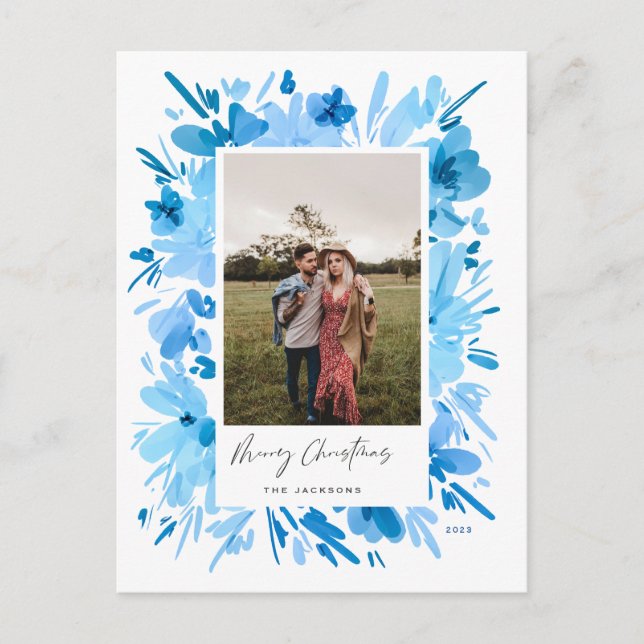 Merry abstract blue floral Christmas design Holiday Postcard (Front)