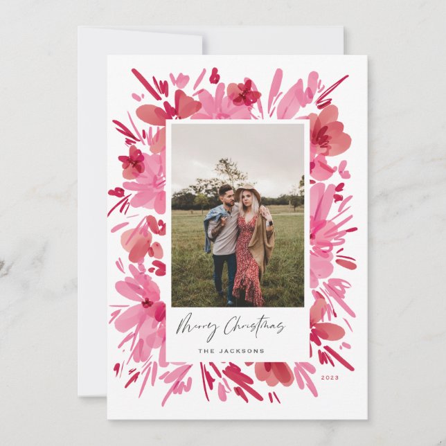 Merry abstract red floral Christmas holiday design Card (Front)