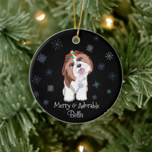 Merry & Adorable Shih Tzu With Snowflake Dog Name  Ceramic Ornament