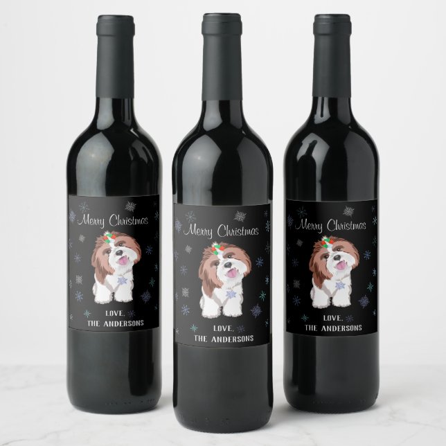 Merry & Adorable Shih Tzu With Snowflake Dog Wine Label (Bottles)