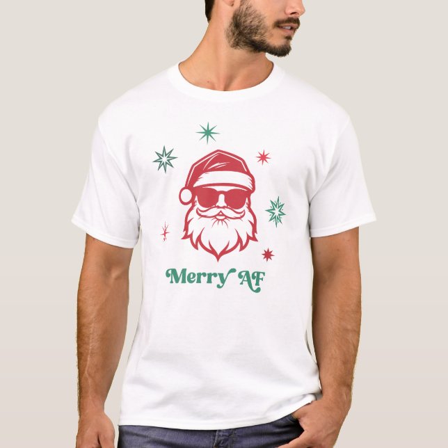 Merry AF cool Santa in sunglasses retro stars T-Shirt (Front)