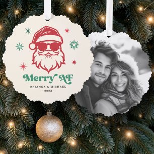 Merry AF cool Santa in sunglasses retro stars Tree Decoration Card