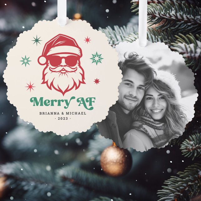 Merry AF cool Santa in sunglasses retro stars Tree Decoration Card (Merry AF cool Santa in sunglasses retro stars Ornament Card)