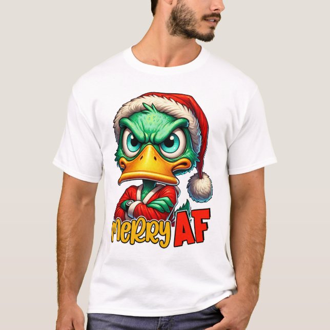 Merry AF - Sarcastic Grumpy Duck Christmas T-Shirt (Front)