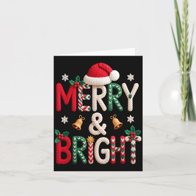 Merry &amp; Bright Christmas Santa Hat Crochet Kni Card (Front)