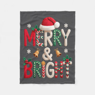 Merry &amp; Bright Christmas Santa Hat Crochet Kni Fleece Blanket