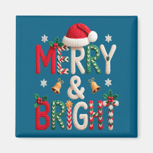 Merry &amp; Bright Christmas Santa Hat Crochet Kni Magnet