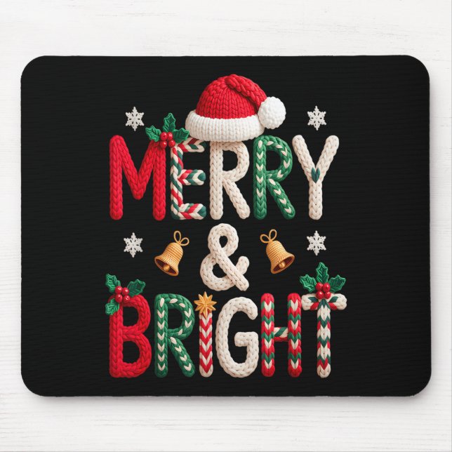 Merry &amp; Bright Christmas Santa Hat Crochet Kni Mouse Pad (Front)