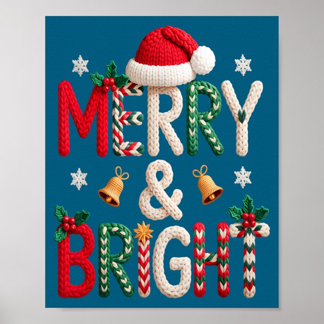 Merry &amp; Bright Christmas Santa Hat Crochet Kni Poster (Front)
