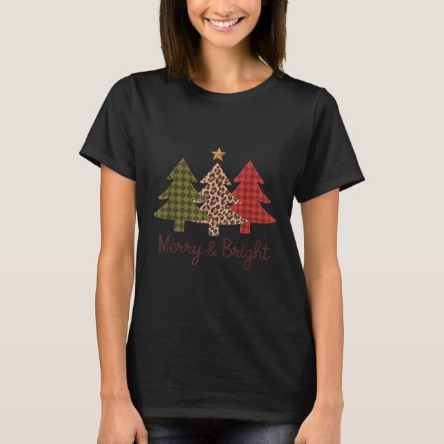 Merry &amp; Bright Plaid Leopard Christmas Tree Xm T-Shirt (Front)