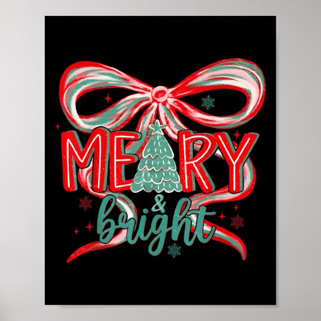 Merry &amp; Bright Tree Coquette Bow Retro Holiday Poster (Front)