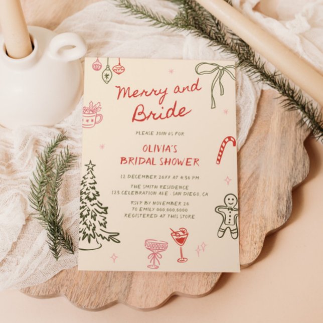 Merry and Bride Hand Drawn Christmas Bridal Shower Invitation (Creator Uploaded)