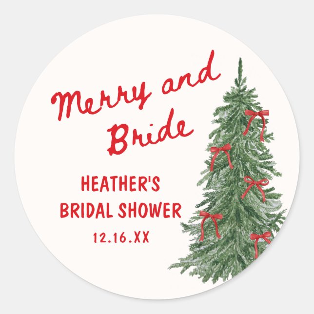 Merry and Bride Whimsical Holiday Bridal Shower Classic Round Sticker (Front)