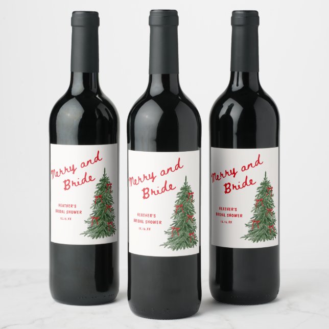 Merry and Bride Whimsical Holiday Bridal Shower Wine Label (Bottles)