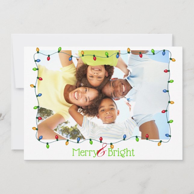 Merry and Bright 2 Photo Modern Christmas Lights Holiday Card (Front)