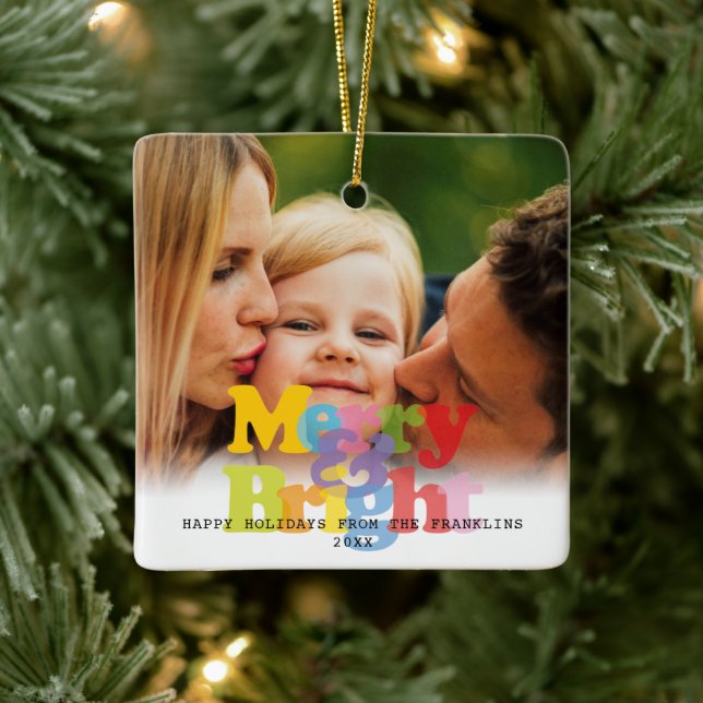 Merry And Bright 2 Photos Christmas Holiday Ceramic Ornament (Tree)
