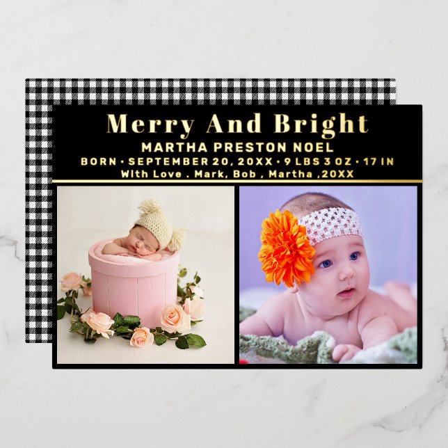 Merry And Bright 3 Photo Christmas Birth Announcem Foil Holiday Card (Front/Back)