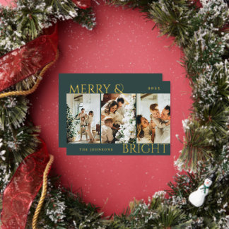 Merry and Bright 3 Photo Collage Minimal Green Foil Holiday Card
