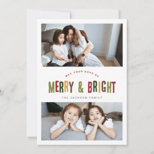 Merry and Bright 3 Photos Colourful Fun Christmas Holiday Card