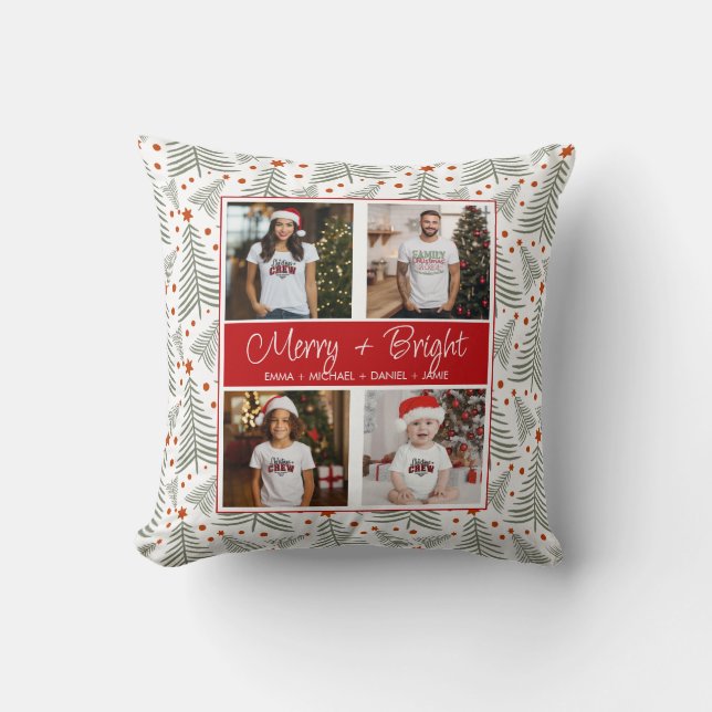 Merry and Bright 4 Photo Christmas Collage Pillow (Front)