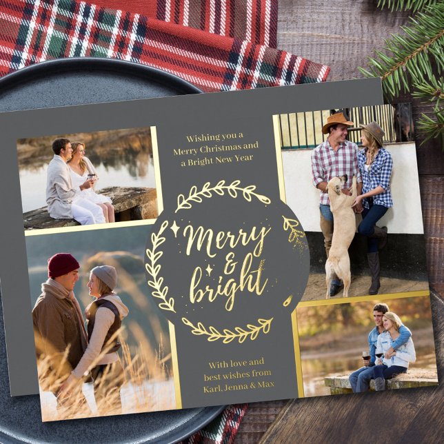 Merry and Bright 4 Photo Collage Grey and Gold Foil Holiday Card (Creator Uploaded)