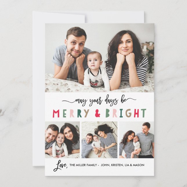 Merry And Bright 4 Photo Holiday Card- White (Front)