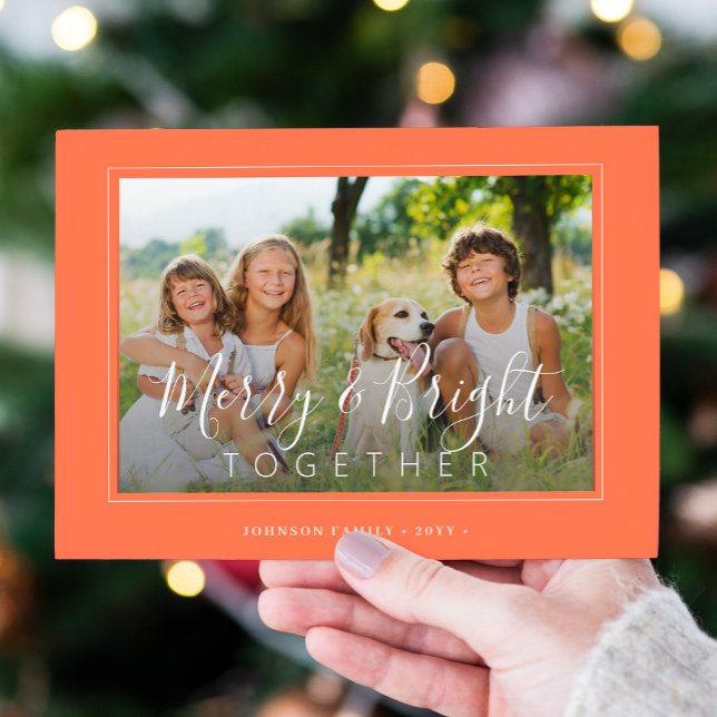 Merry and Bright 4 photos modern Christmas apricot Holiday Card (Creator Uploaded)