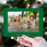 Merry and Bright 4 photos modern Christmas green Holiday Card<br><div class="desc">Elegant simple minimal green and white 4 custom family photos "Merry and Bright together" script (overlay text template) holiday card template.                       Easy to personalise with your pictures,  text,  family name,  and your wishes on both sides!</div>