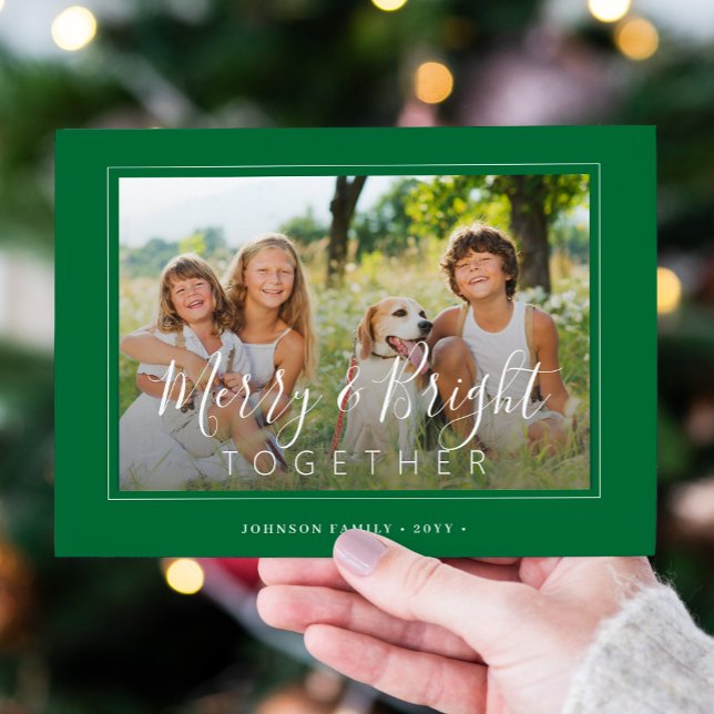 Merry and Bright 4 photos modern Christmas green Holiday Card (Creator Uploaded)