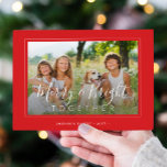 Merry and Bright 4 photos modern Christmas red Holiday Card<br><div class="desc">Elegant simple minimal red and white 4 custom family photos "Merry and Bright together" script (overlay text template) holiday card template.                       Easy to personalise with your pictures,  text,  family name,  and your wishes on both sides!</div>